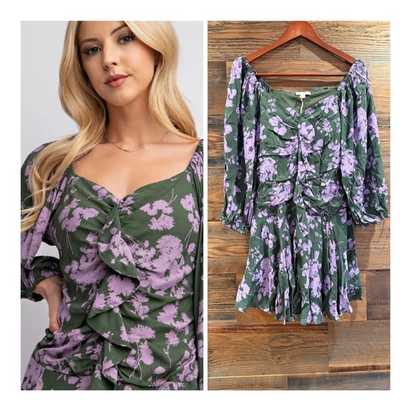 Easel Green and Purple Ruched Flirty Floral Dress - Picture 1 of 6
